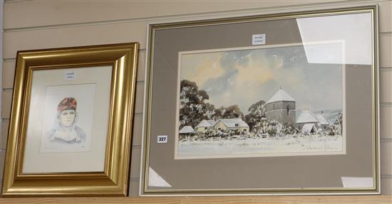 Andrew John, watercolour, Jevington Church in winter, signed, 12 x 19in, and a print of a turbanned woman